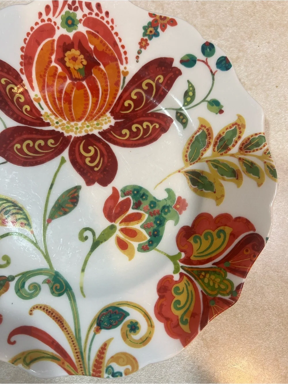 Pier 1 Beatrice Jacobean Red and Orange Floral Scalloped Salad Plates - Set of 4